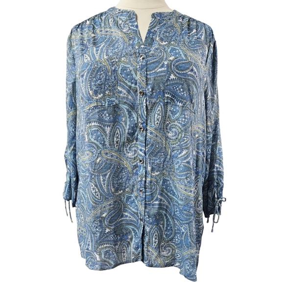 Cocomo Woman Blue Paisley Split Neck Button-Up Tunic Tie Cuffs Boho Office - Picture 1 of 10